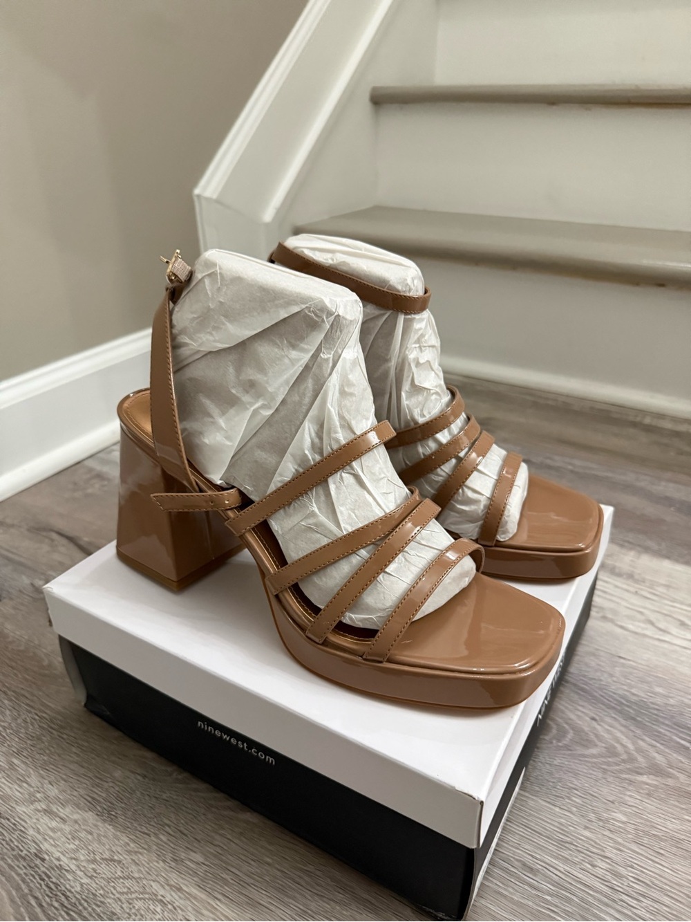 Nine West Tan Strappy Block Heel Sandals size 12 new